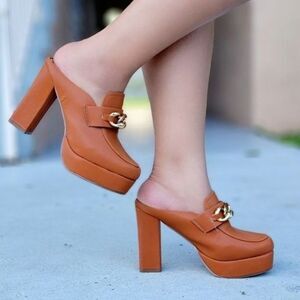 Women Platform Heeled Mule Open Loafers Tan Color